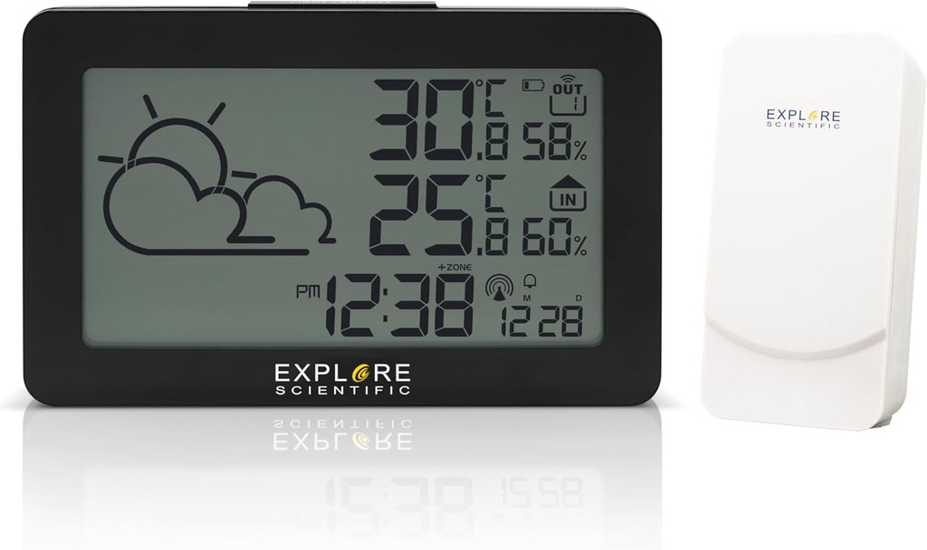 EXPLORE SCIENTIFIC WSH-4002 - Stație meteo, ceas controlat radio, temperatură și umiditate internă și externă, ecran LCD cu iluminare din spate, culoare neagră