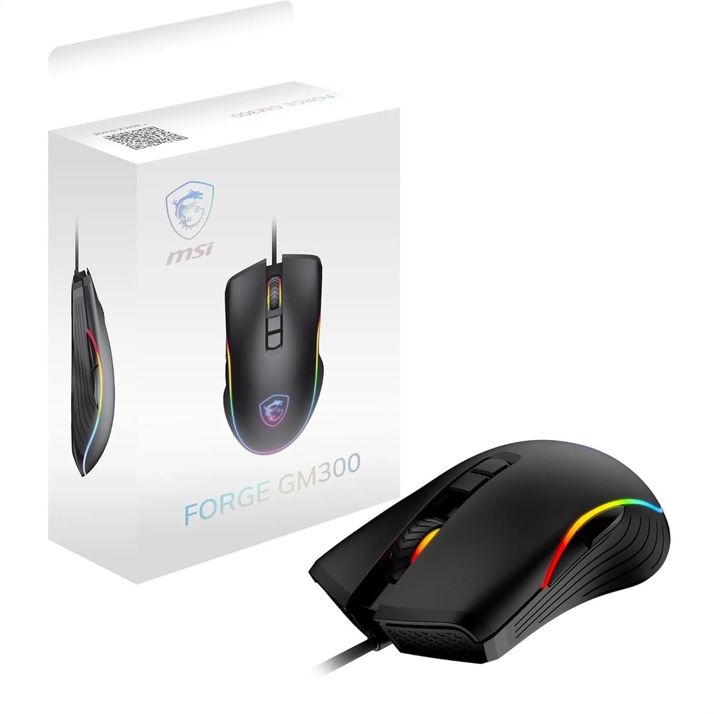 Mouse optic MSI Forge GM300 cu 7 butoane cu roata de defilare, 1000/1600/3200/6400 DPI, intrerupatoare cu durata de viata de 10M+ clic, efecte de iluminare cu LED RGB Dragon si cablu impletit.