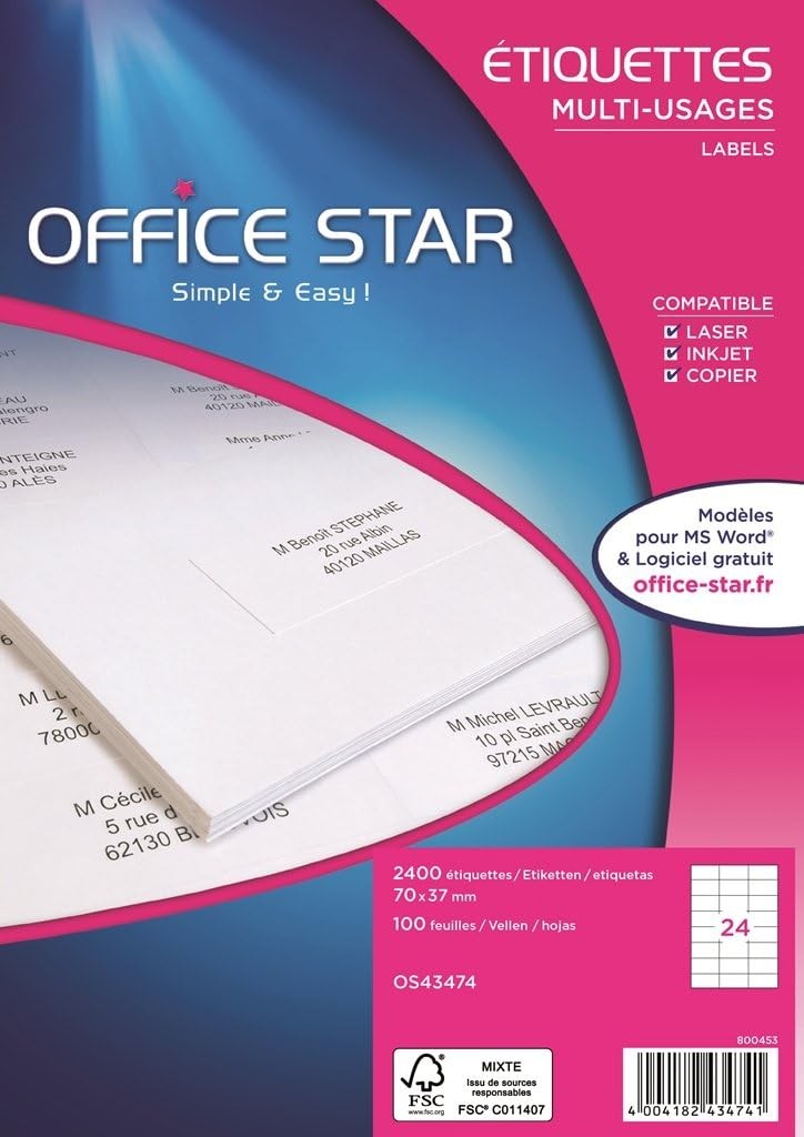 Etichete autoadezive pentru imprimanta OFFICE STAR alb A4 2400, 70 x 37 mm - Personalizabile si imprimabile - Certificat FSC - Foaie de etichete autoadezive A4 - Hartie pentru etichete autoadezive