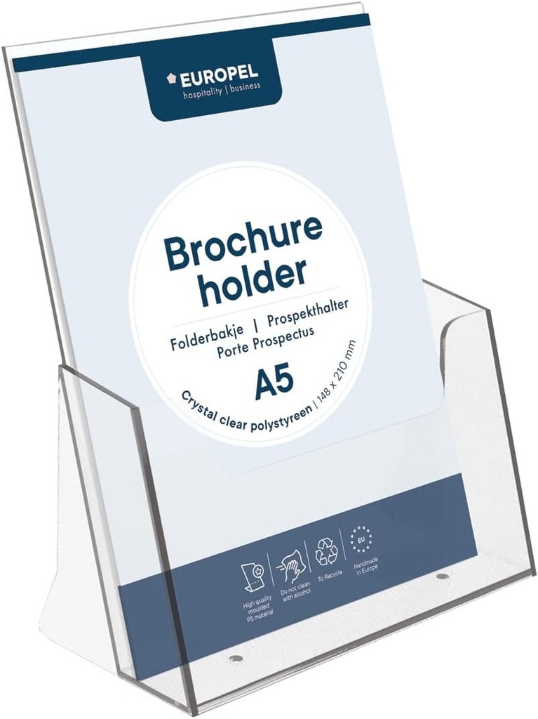 Suport pentru brosuri Europel - Suport pentru brosuri cu injectie - DIN A5 - Transparent - Suport pentru brosuri pentru birouri - Suport pentru brosuri in format portret pentru meniuri, pliante, fluturasi