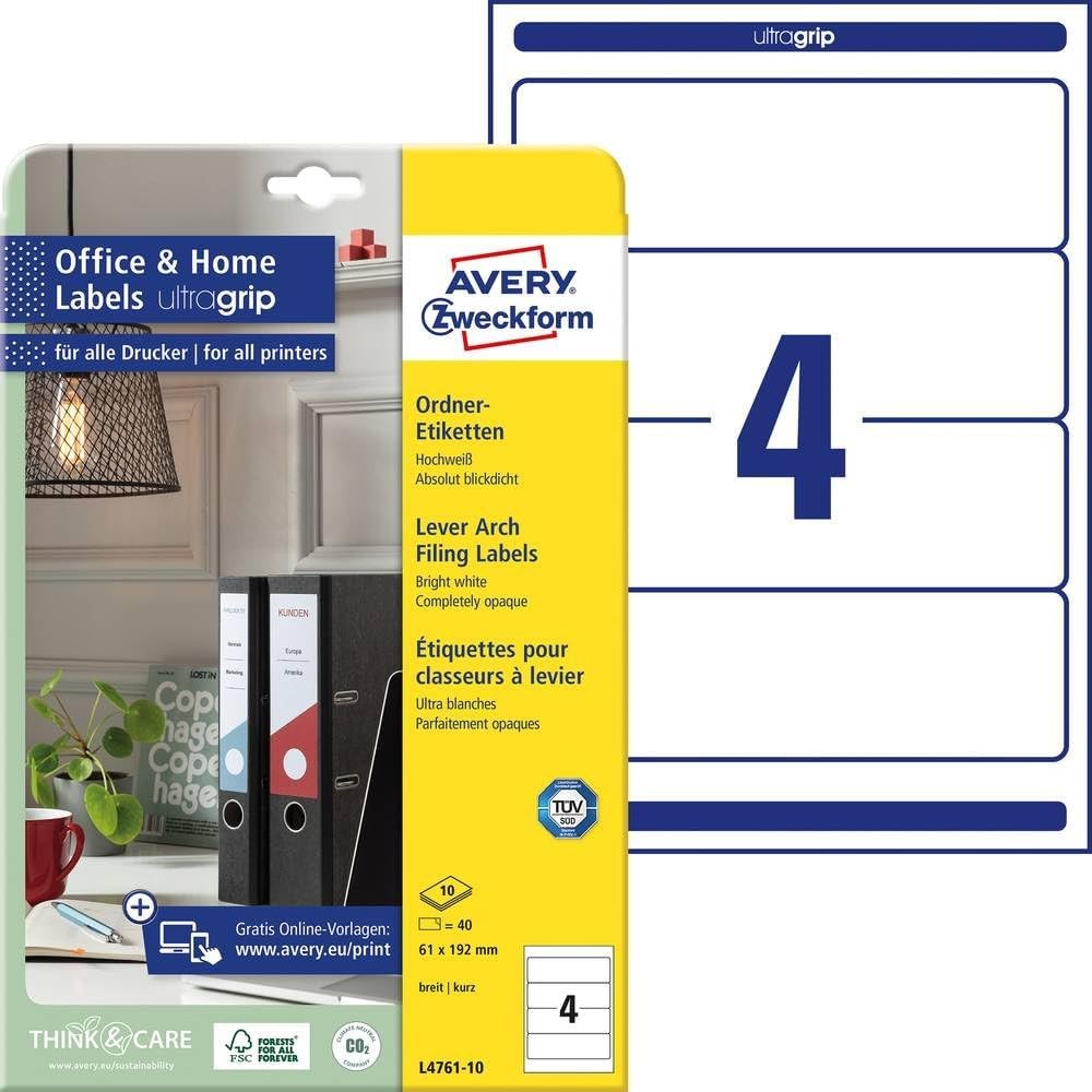 AVERY Zweckform L4761-10 Binder Cotor Etichete (40 de etichete cotor cu ultragrip, 61x192mm pe A4, late/scurte, autoadezive, complet opace, etichete de legare imprimabile) 10 coli, alb