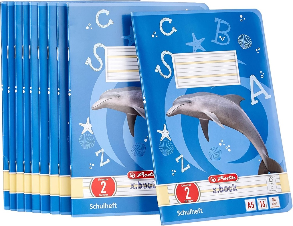 Herlitz 3320207 Caiete A5/16 Line 02 (liniate) cu spate FSC Mixt, Culori asortate, Pachet de 10 motive