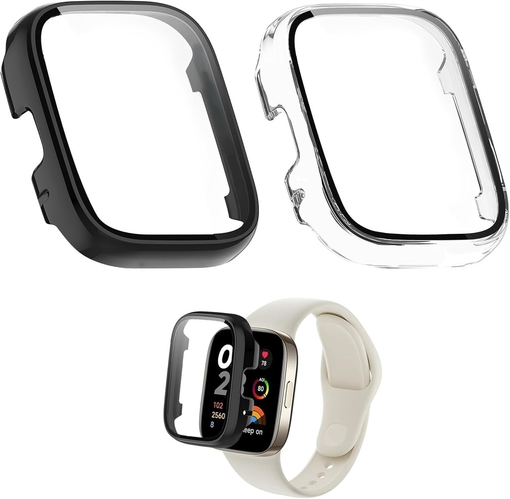 Pachet de 2 huse de protectie compatibile cu Redmi Watch 3 Active, husa pentru Redmi 3 cu protectie de ecran 9H, husa rigida pentru PC cu protector de ecran, husa de protectie pentru Xiaomi Watch 3 transparenta si neagra