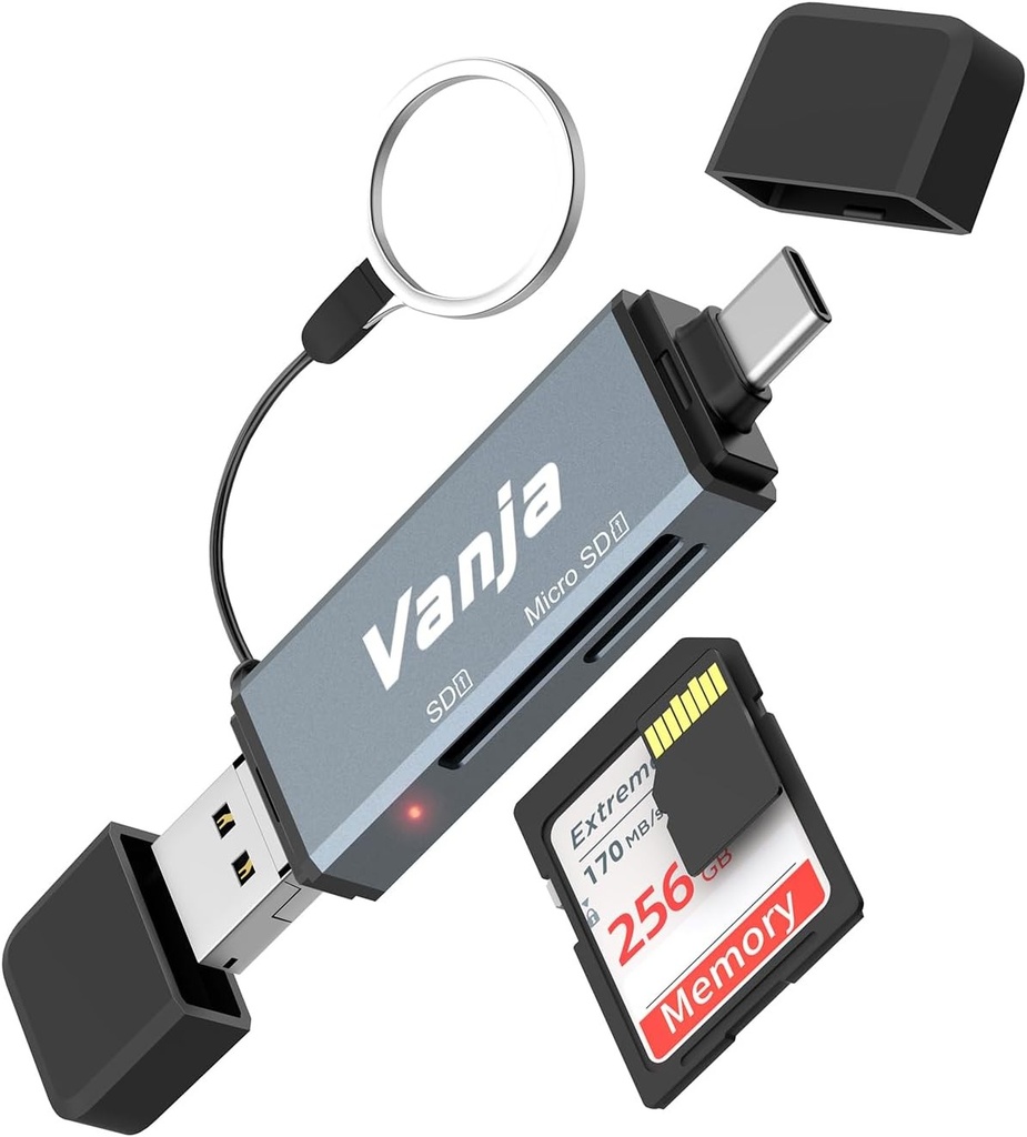 Cititor de carduri de memorie, Adaptor Vanja 3 in 1 USB-A/USB-C/Micro-USB la SD/SDHC/SDXC/Micro SD, compatibil cu Android, iPhone 16/15, Windows, macOS si dispozitive mai vechi