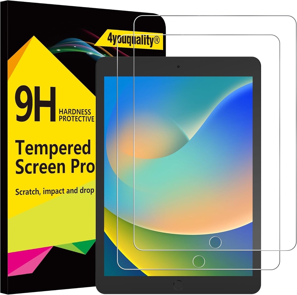 4youquality [Pachet de 2 protectii de ecran pentru iPad 9 (model 2021)/ iPad 8 (model 2020)/ iPad 7 (model 2019) [10,2 inchi, a 9-a/8-a/a 7-a generatie] Film din sticla securizata, anti-zgarieturi, rezistent la impact