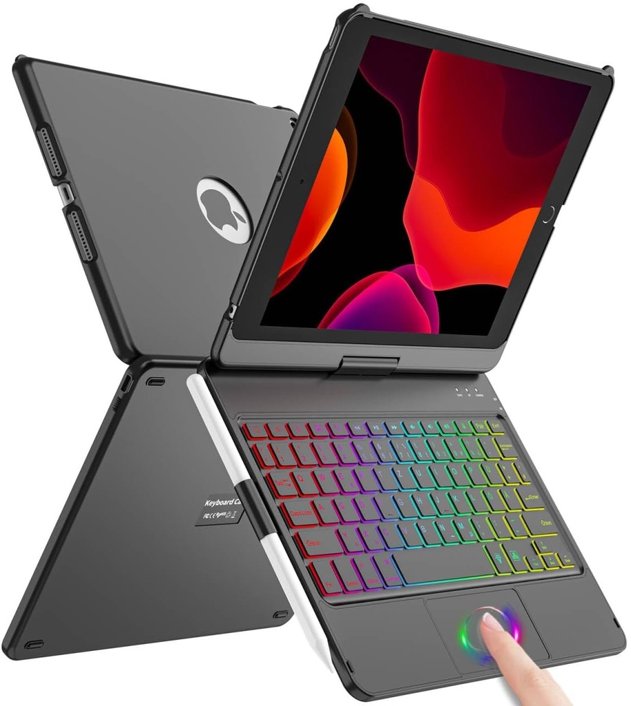 Husa cu tastatura pentru iPad de 10,2 inci, pentru iPad a 9-a/8-a/7-a generatie, husa subtire cu touchpad 360°, carcasa dura, cu tastatura fara fir Bluetooth, 7 lumini de fundal, repaus/activare automata, aspect QWERTZ