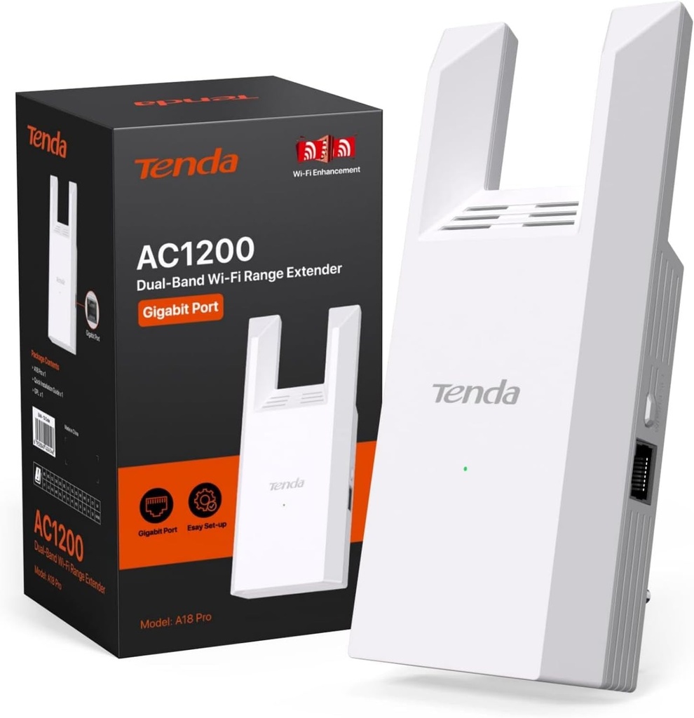 Repetor WiFi Tenda A18 Pro, Amplificator de semnal AC1200 Mbps Bandă duală de 5 Ghz și 2,4 Ghz, Extender WiFi și punct de acces, Port Gigabit, LED de semnal inteligent, WPS, WPA2, Control APP