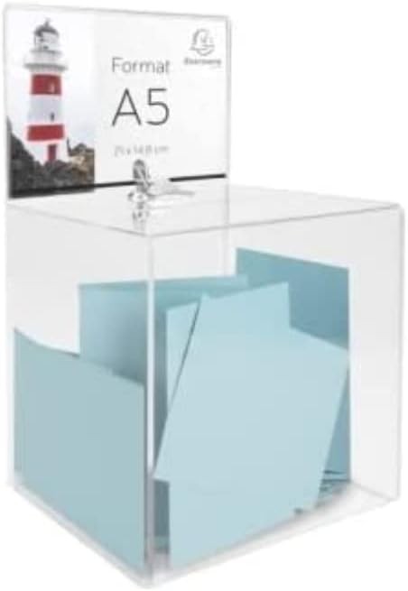 Exacompta - Ref. 89258D - 1 urna de vot cu capac incuiat, pentru bilete, buletine de vot, cutie de sugestii, donatii, cu poster A5, acrilic transparent - Dimensiuni: 21 x 21 x 21 cm - Culoare cristal