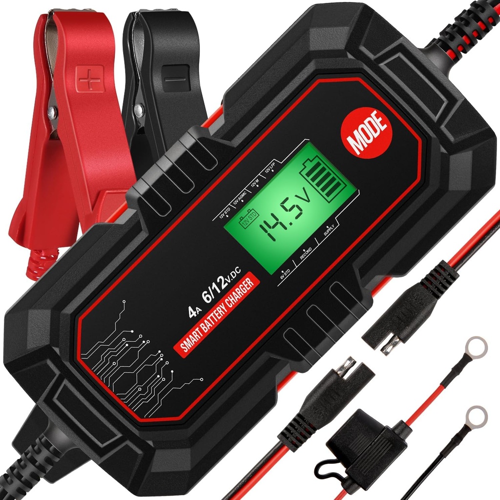 Încărcător baterie auto 4A, încărcător baterie auto profesional 6V/12V, întreținere baterie, protecție multiplă și întreținere, ecran LCD inteligent complet automat pentru mașini, motociclete, bărci.