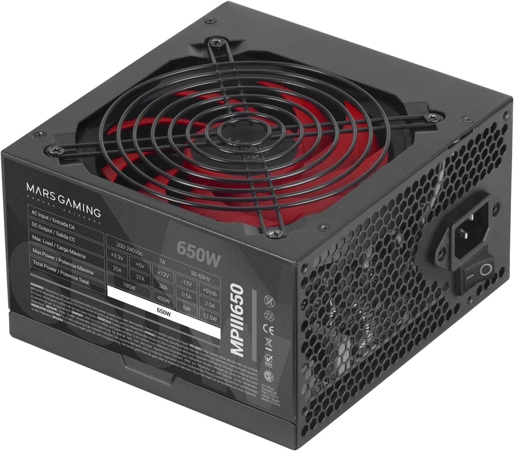 Mars Gaming MPIII650, sursa de alimentare PC ATX 650 W, 85% eficienta, sistem digital APFC, ventilator AI-RPM FDB de 120 mm, tehnologii DC-DC si SMD, cabluri plate extra lungi, negru