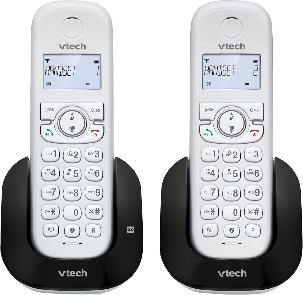 Telefon fara fir VTech CS1551 DECT cu robot telefonic si blocare apeluri, 2 receptoare, interfon, telefoane fixe, alb, ID apelant/apel in asteptare, reapelare, maini libere, afisaj si tastatura iluminate
