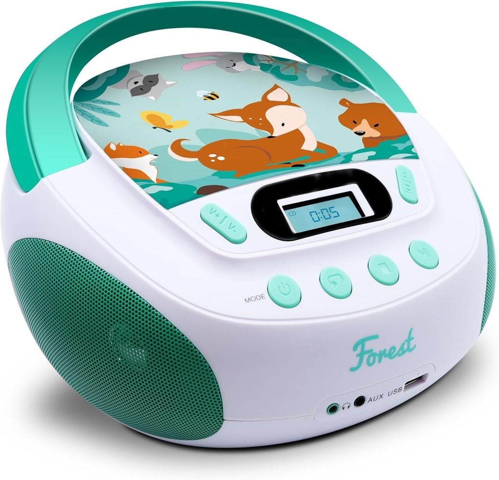 Mooov 477147 Forest CD player MP3 pentru copii cu port USB si intrare audio, iesire casti alb/verde