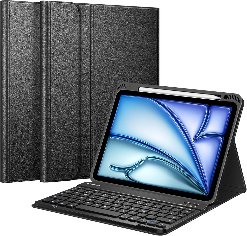 Husa cu tastatura Fintie pentru iPad Air 11 inchi M3/M2 (2025/2024), iPad Air 5/4 generatie 10,9 inchi (2022/2020), husa din spate TPU cu suport pentru creion, tastatura QWERTZ detasabila magnetic, negru