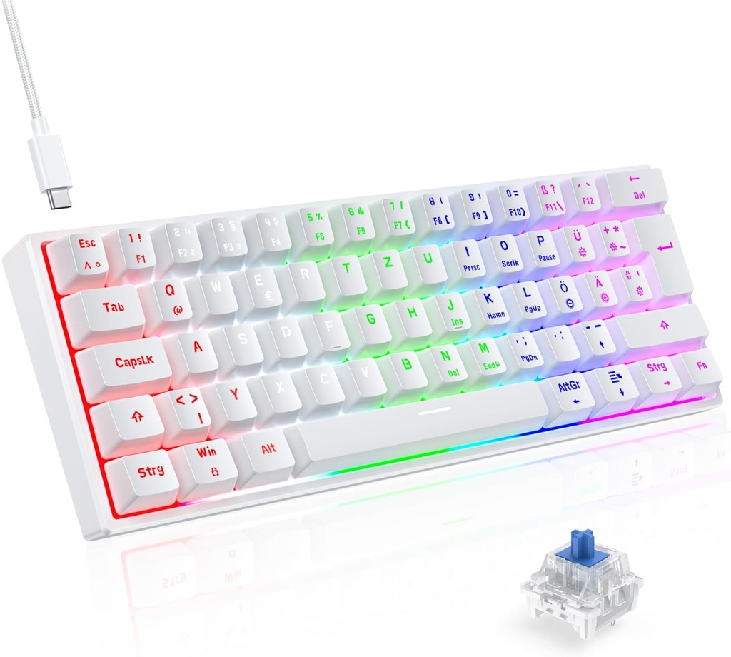 Tastatură pentru jocuri TECURS, tastatură mecanică 60% TKL QWERTZ întrerupătoare albastre, tastatură pentru jocuri cu fir 61 taste pentru computer Windows/PS5/PS4, alb
