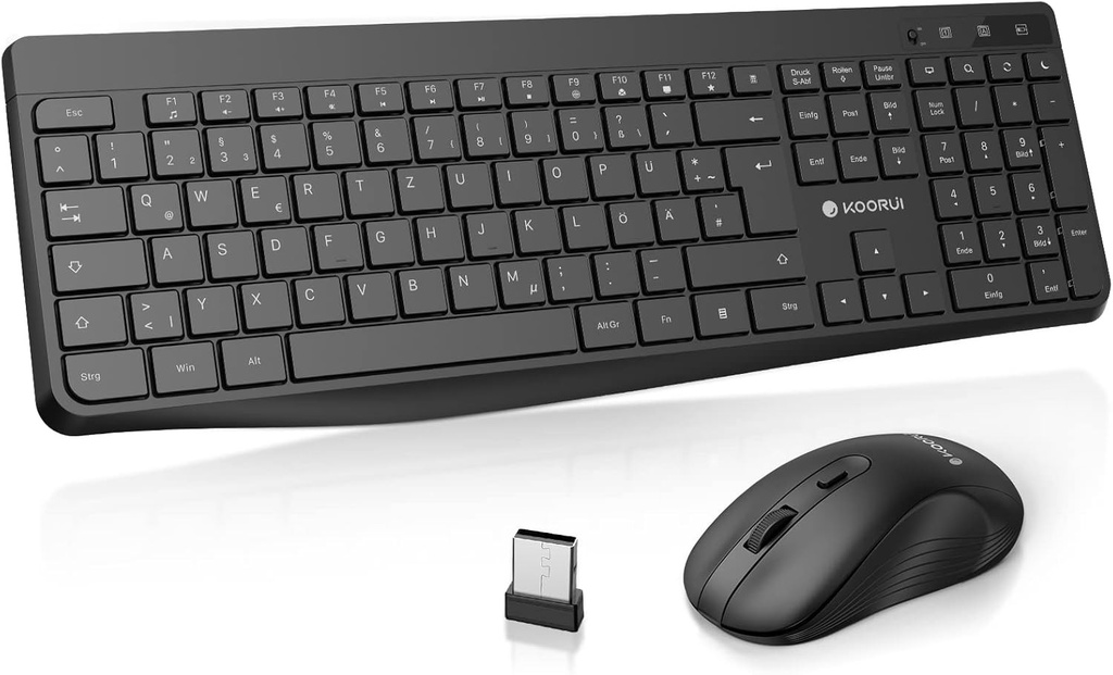 Tastatura si mouse fara fir KOORUI, set de tastatura mouse silentioasa cu aspect german QWERTZ cu 12 taste functionale Set de mouse cu tastatura de 2,4 GHz pentru Windows, MacOS, Linux - negru