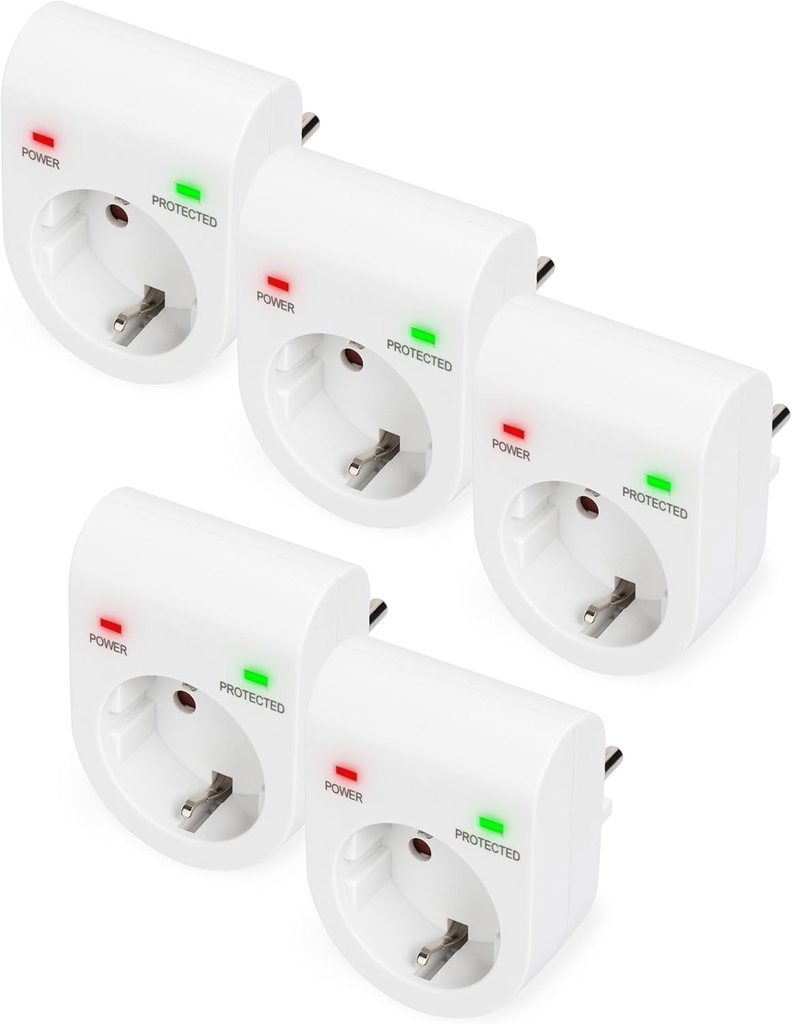 DIGITUS DN-95400 - Adaptor pentru protecție la supratensiune - 5 bucăți - 16 A / 230 V / 50 Hz - Max. 3.500 W - Indicator de stare LED - Curent maxim de scurgere 13.500 A - Alb