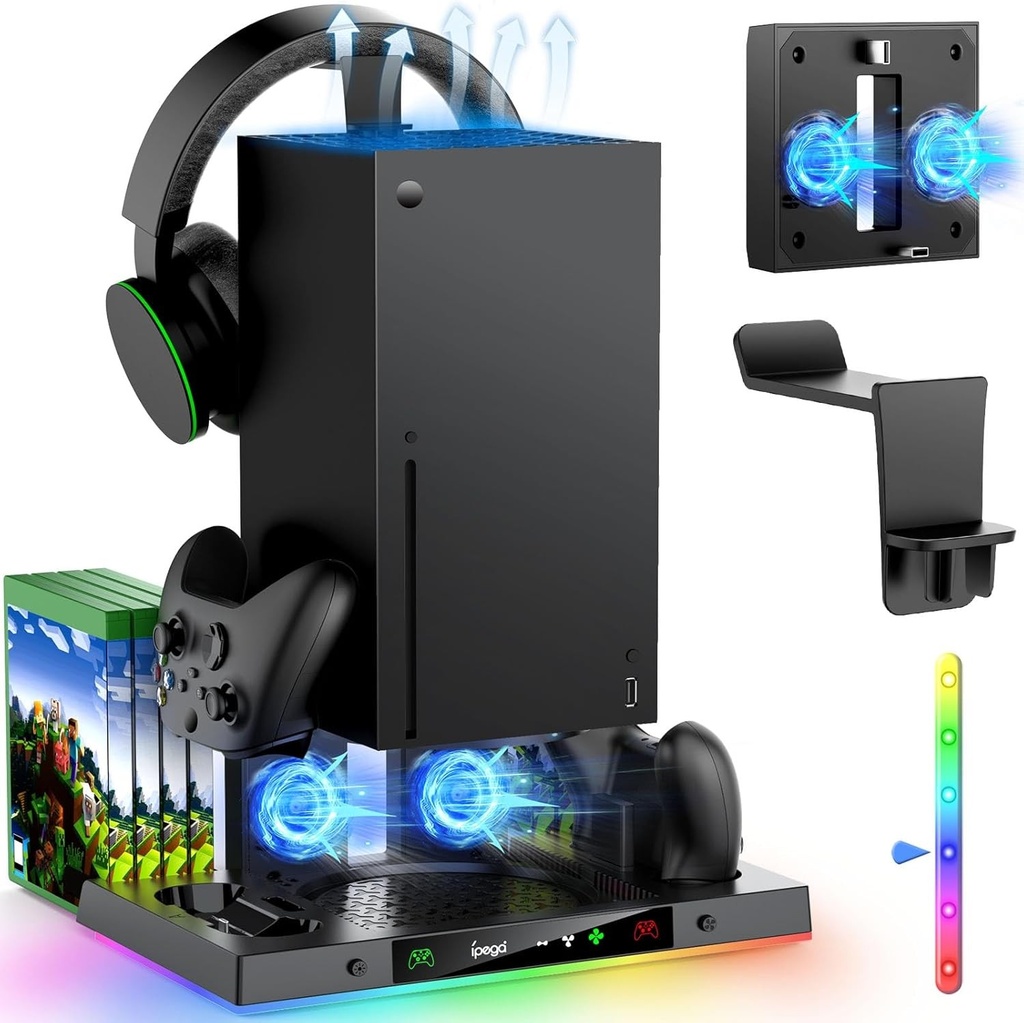 MENEEA Statie de incarcare ventilatoare RGB imbunatatita pentru console si controlere Xbox Series X, statie de incarcare duala fara fir si suport pentru sistem de racire cu 15 moduri de lumina colorata pentru Xbox Series X si stocare accesorii