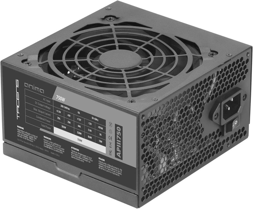 Tacens Anima APIII750, sursă de alimentare pentru PC ATX de 750 W, tehnologii SMD și DC-DC, 85% eficiență 12 V, ventilator ultra-silențios de 12 cm, cabluri plate foarte lungi, negru