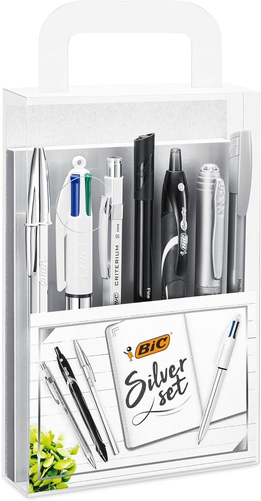 Set BIC Argintiu - 1 caiet/3 pixuri/1 pix gel/1 creion grafit HB/1 pix cu pâslă/1 creion mecanic