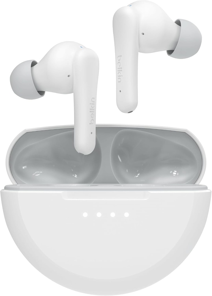Casti intraauriculare Bluetooth Belkin SoundForm Nano 2 pentru copii cu microfon incorporat, 28 de ore de viata a bateriei, limita de volum de 85 dB, rezistenta la apa IPX5, pentru iPhone, iPad, Galaxy si altele - alb