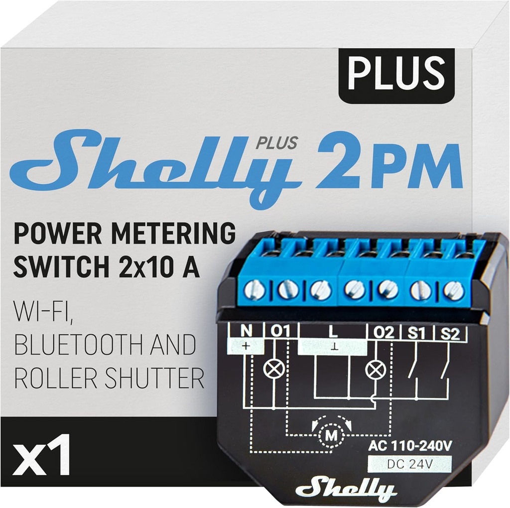 Shelly Plus 2PM, Comutator releu cu măsurarea consumului, 2 canale - 16A, Wi-Fi și Bluetooth, Automatizare rulouri, jaluzele, jaluzele, compatibil cu Alexa și Google Home, aplicație iOS Android