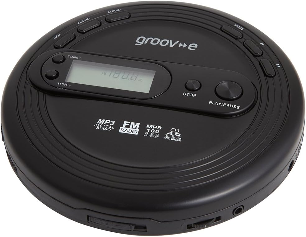 Groov e RETRO Radio CD Player - Radio FM personal cu redare de muzică CD-R, CD-RW și MP3 - Protecție anti-sărire, melodii programabile - Căști incluse - Micro-USB sau cu baterie - Negru