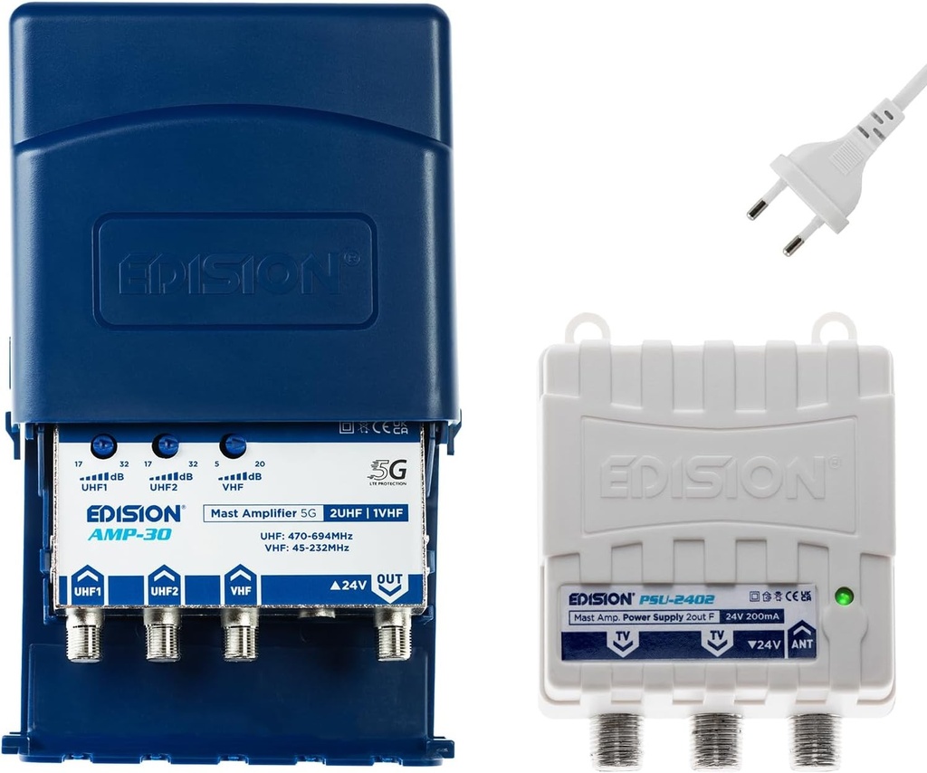 Kit EDISION MAK-300: Preamplificator catarg Antena TV TNT 2UHF, 1VHF/FM, 17-32db, 107dBmV, 24V, pentru Digital Terestre DVB-T/T2, cu filtru 5G LTE + Alimentare 24V 200mA Iesire F 2