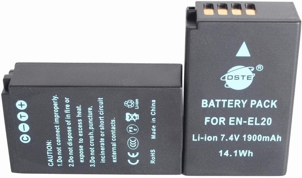 DSTE 2-Pack Ersatz Batterie Akku pentru Nikon EN-EL20 EN-EL20A Coolpix A 1 J1 J2 J3 AW1 S1 V3 Camera