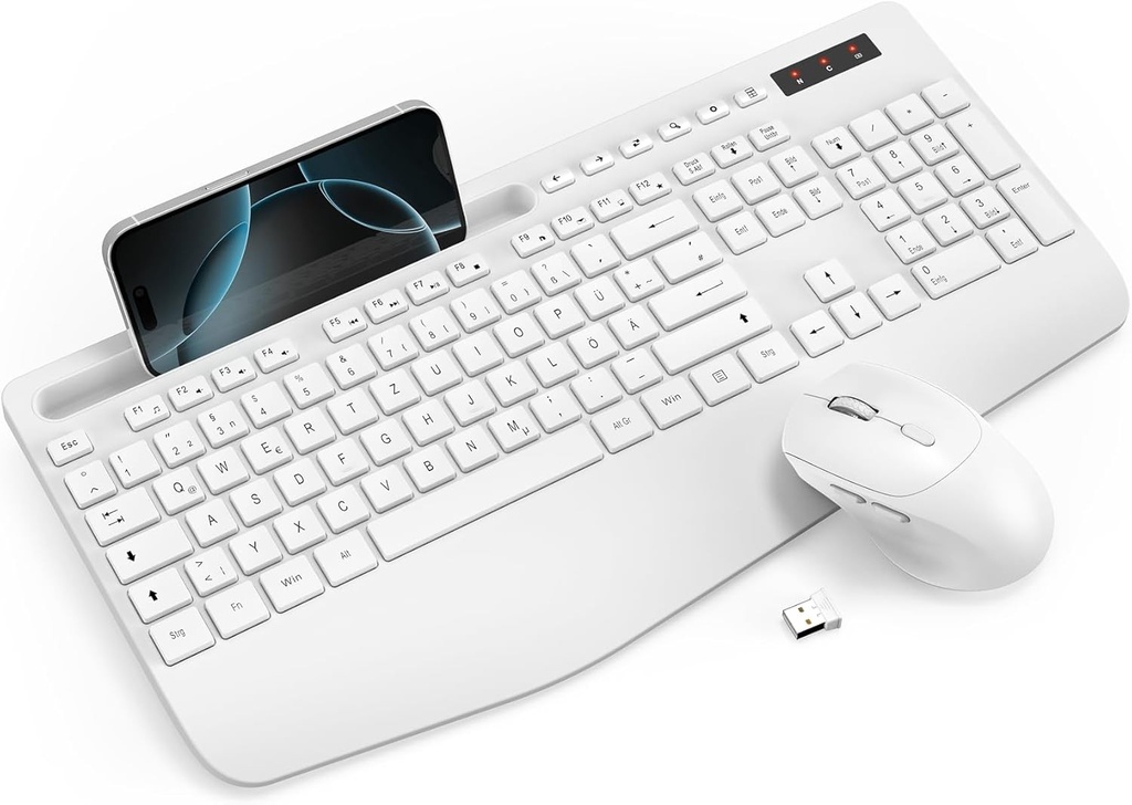 Set tastatura si mouse fara fir, tastatura ergonomica de dimensiune completa cu suport pentru incheietura mainii, suport pentru telefon, mod de repaus, tastatura si mouse fara fir silentios de 2,4 GHz pentru Windows, computer, laptop, PC - alb