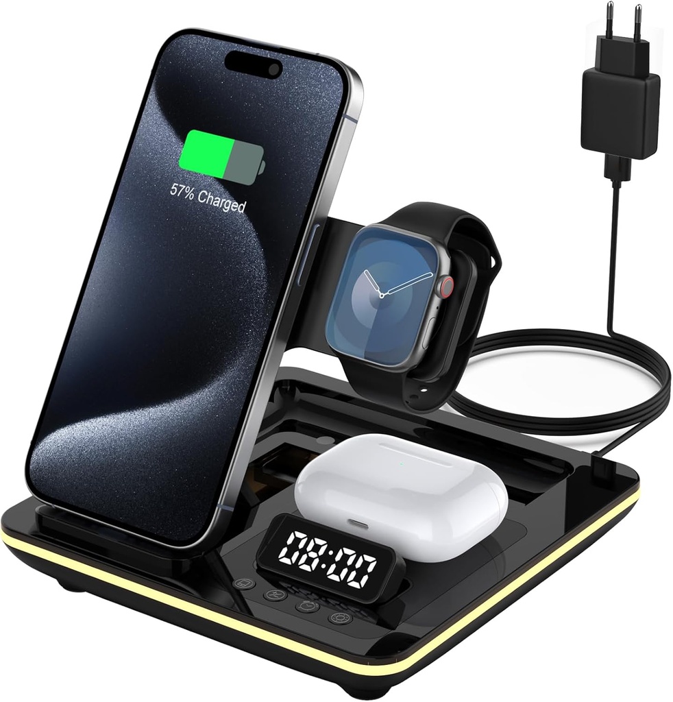 HATALKIN Încărcător inductiv Apple 5 în 1, stație de încărcare pliabilă iPhone compatibilă cu iPhone 16 Pro Max/Pro/Plus/15/14 Apple Watch 10/Ultra 2 AirPods Pro 2/4/3, încărcător fără fir cu ceas cu alarmă și lumină de noapte