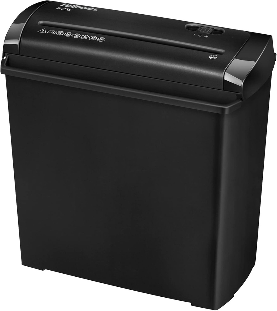 Tocător de hârtie Fellowes de 5 coli de 7 mm, Powershred P-25S, tocător cu coș de gunoi de 11 L, tocator de hârtie pentru protecția datelor standard, utilizare ocazională