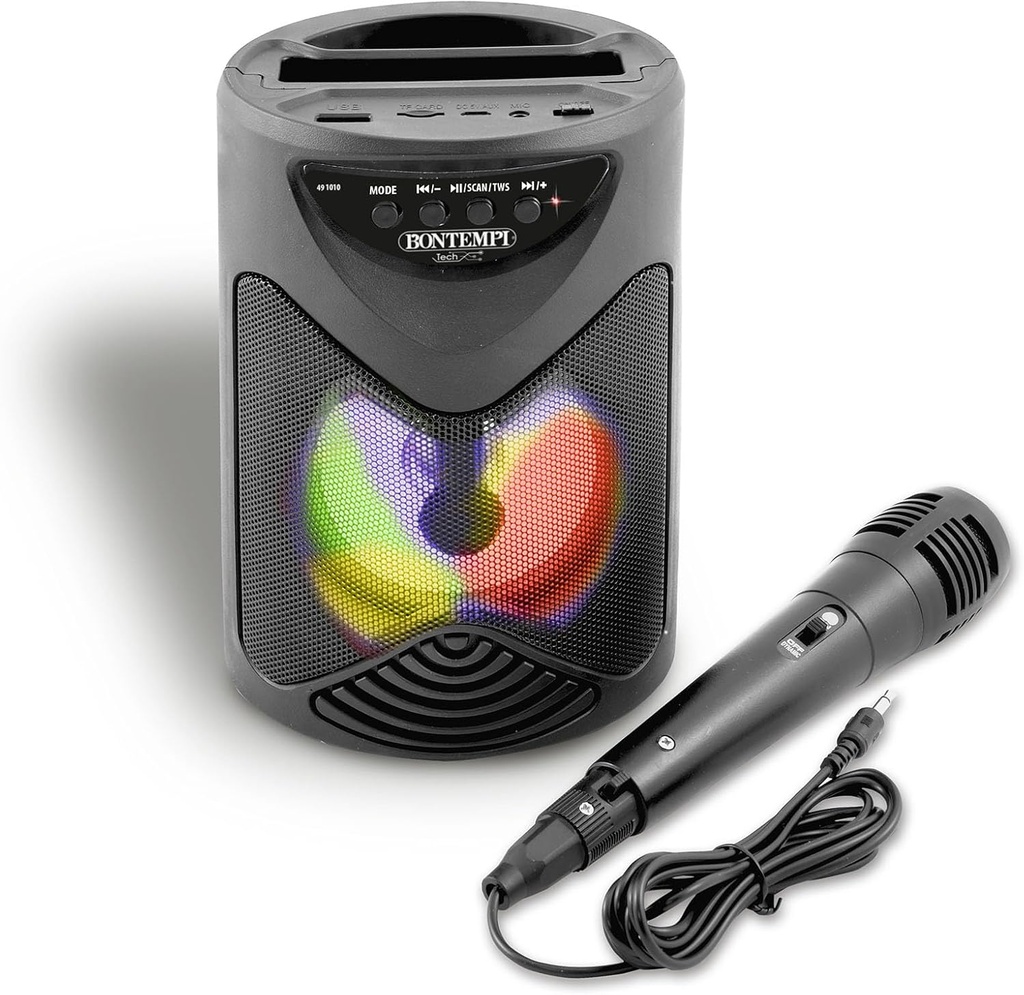 Bontempi | SonicSync - Amplificator Karaoke fără fir cu microfon dinamic, suport pentru smartphone, efecte de lumină și efect de ecou, ​​18,9 x 15,9 x 12,9 cm