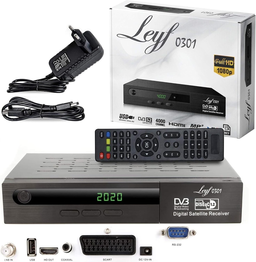 Receptor de satelit Leyf Receptor de satelit digital (HDTV, DVB-S/DVB-S2, HDMI, SCART, 2X USB, Full HD 1080p) [Preprogramat pentru Astra, Hotbird si Turksat] + cablu HDMI