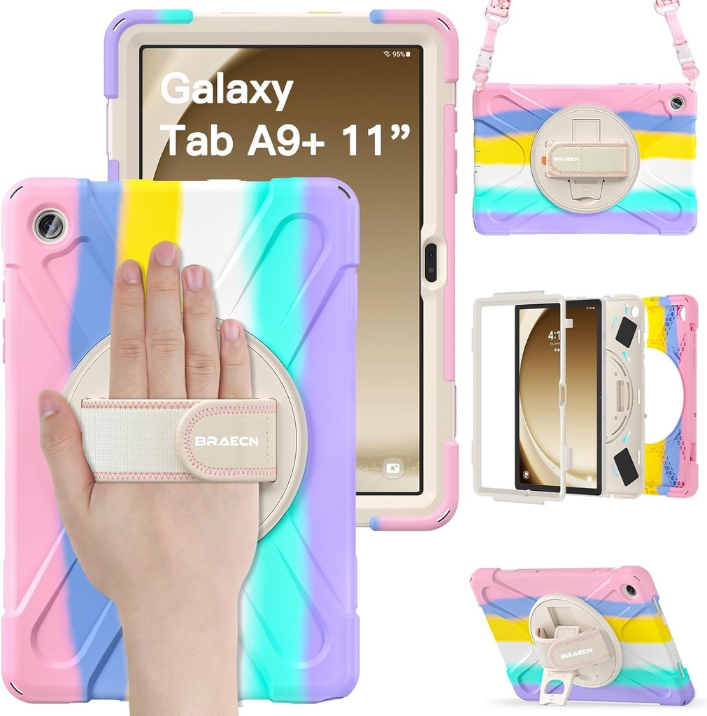 Husa BRAECN pentru Samsung Galaxy Tab A9+ 11 inch SM-X210/SM-X216/SM-X218, husa de protectie portabila, rezistenta la socuri, cu suport rotativ la 360°, curea de mana si curea de umar, curcubeu