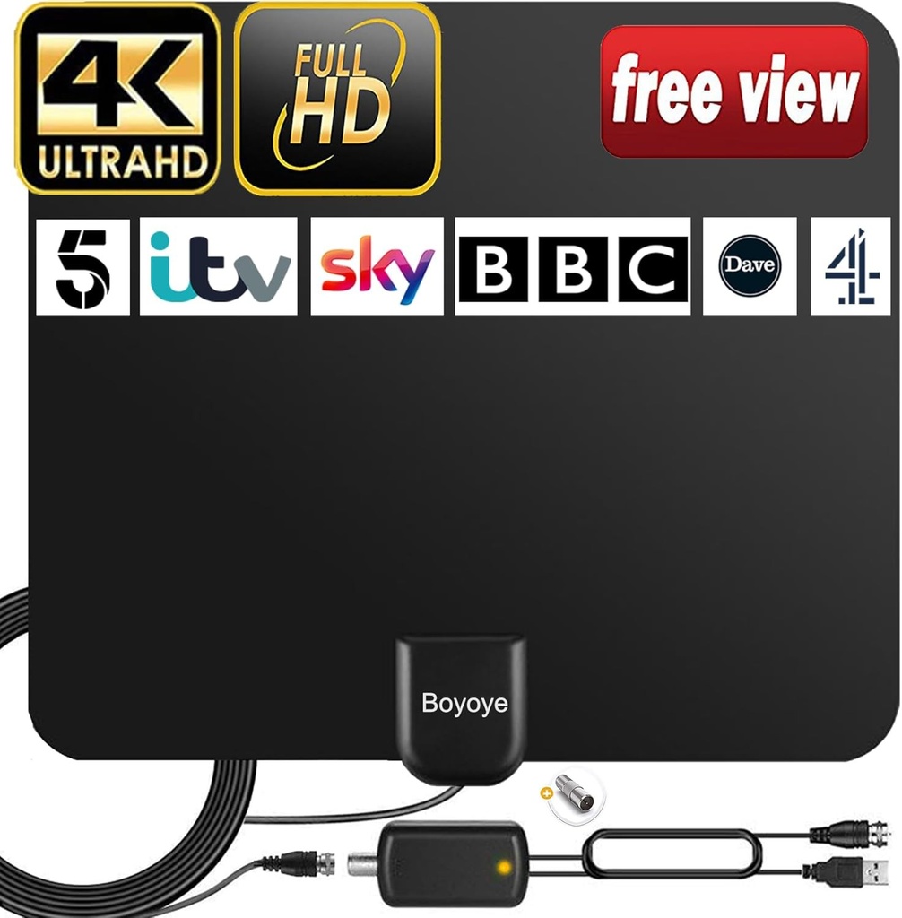 Antena TV de interior, antena TV digitala Boyoye Raza de 250+ mile cu amplificator de semnal pentru 4K 1080p VHF UHF DVB-T/DVB-T 2 canale gratuite, cablu coaxial 5M【Negru】