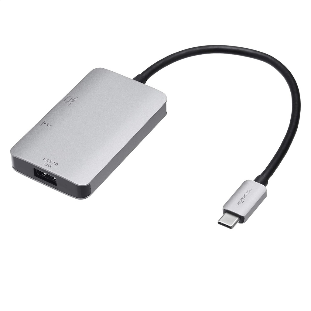 Adaptor Amazon Basics USB-C 3.1 cu HDMI 4K, port USB 3.0, port USB-C si livrare de energie de 100 W, gri, 7,49 x 4,5 x 1,14 cm
