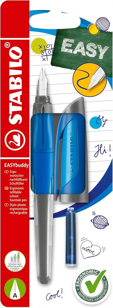 STABILO - Pix pentru scoala cu penit A pentru incepatori - EASYbuddy in albastru inchis/deschis - albastru (sters) - pix unic - incl. cartus