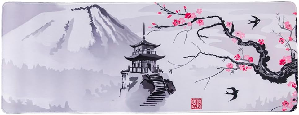 mouse pad lachineuse XXL – Cireși japonezi – Pagoda și Muntele Fuji – 800 x 300 x 3 mm – Decor japonez – antiderapant și impermeabil – birou – idee cadou Japonia Asia