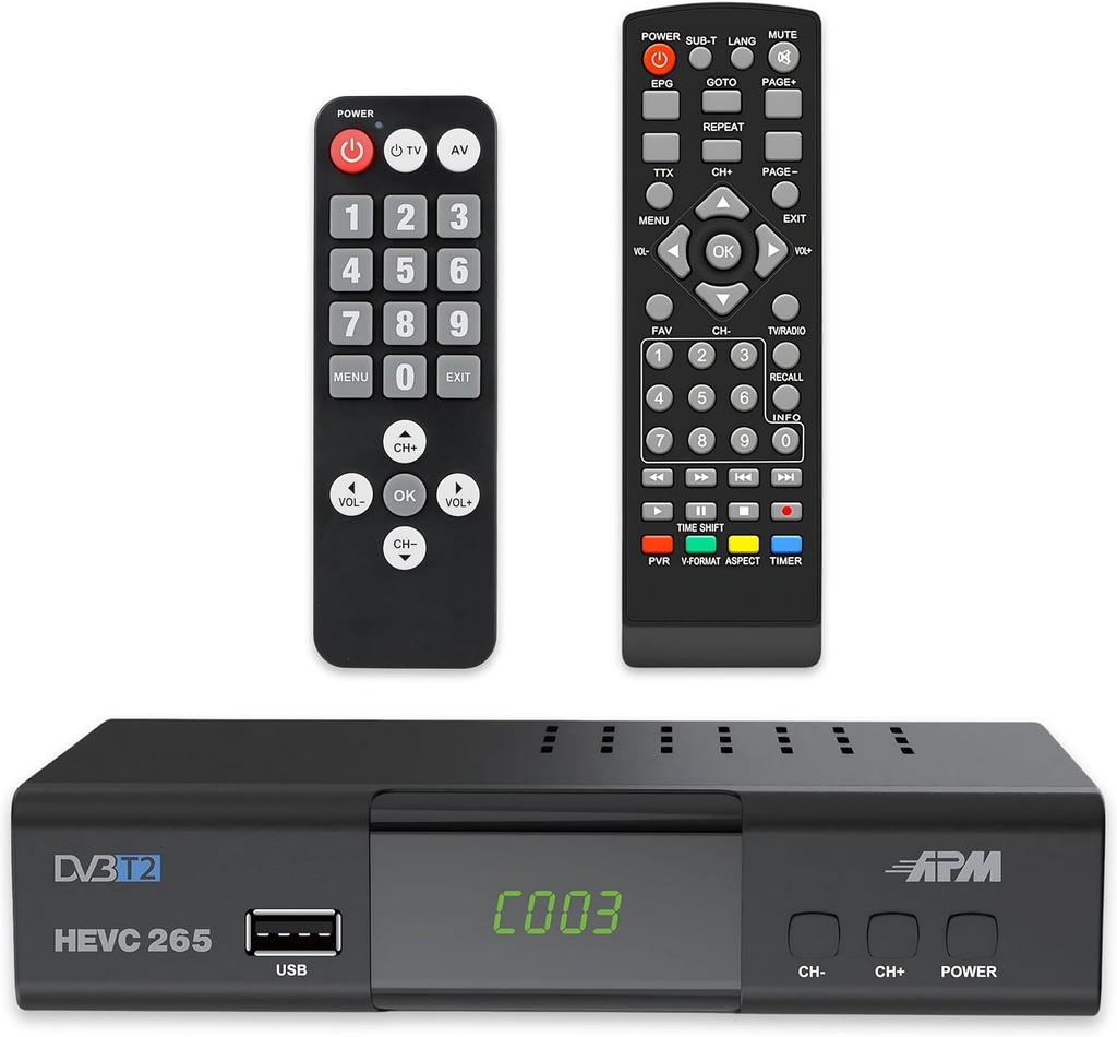Decodor APM Full HD 1080p TNT, tuner H.265 HEVC TNT, telecomandă simplificată, demodulator DVB-T2 DVB-C HDMI, SCART, USB, porturi coaxiale. Canale terestre gratuite Franța Germania Spania, 428002