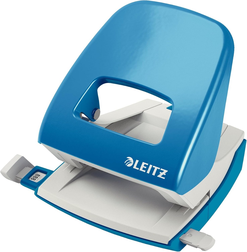 Perforator pentru birou Leitz din metal, pentru 30 de coli, sina de oprire cu informatii despre format, design ergonomic, albastru deschis, 50080030