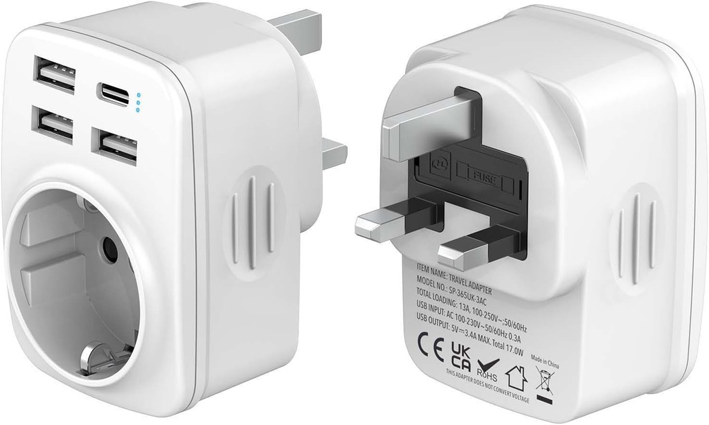 Adaptor Hoppac UK Plug, Adaptor UK Plug Franceză cu 3 USB A și 1 USB C, Adaptor de călătorie multifuncțional 5 în 1 Regatul Unit/Marea Britanie în Franța pentru Marea Britanie, Irlanda, Singapore, Dubai, Tip G