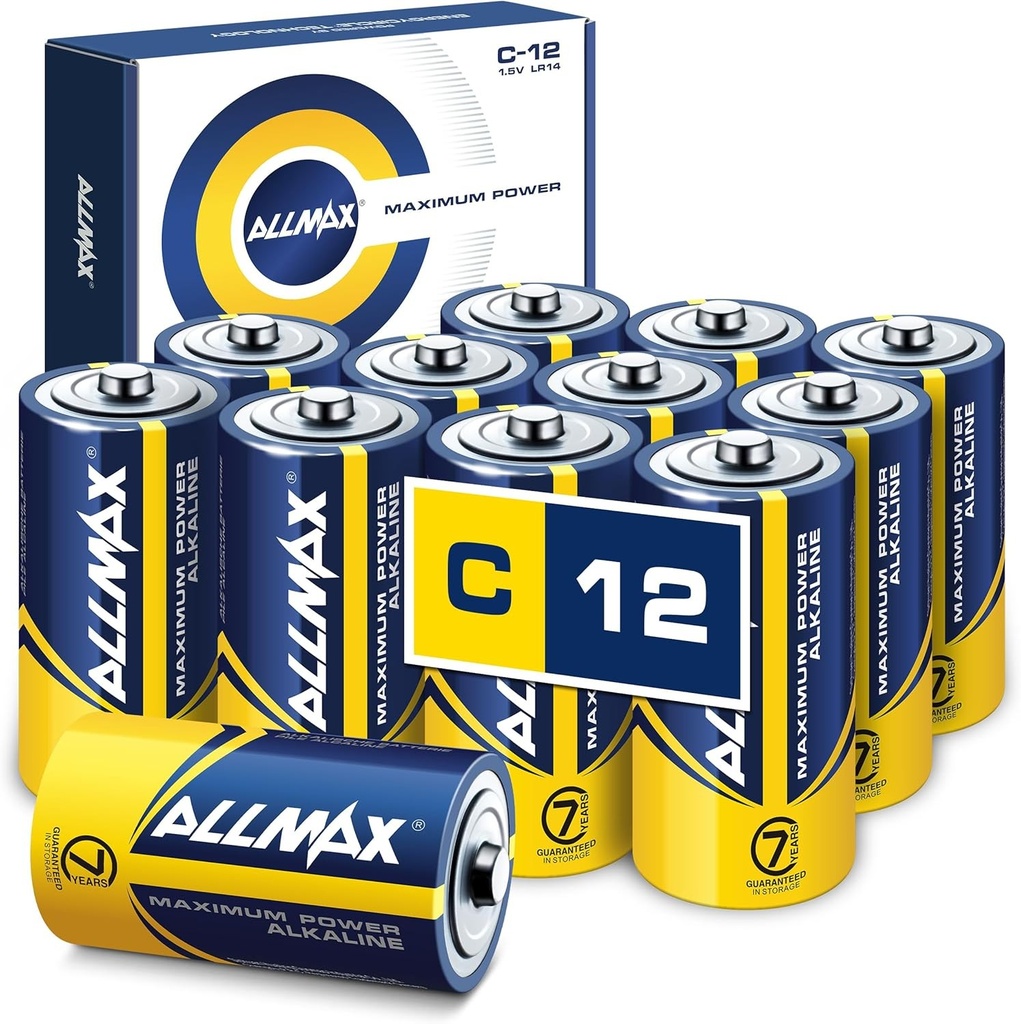Baterii alcaline Allmax C Baby (LR14) cu putere maxima (pachet de 12) - Durata ultra lunga, Design etans, 1,5 V