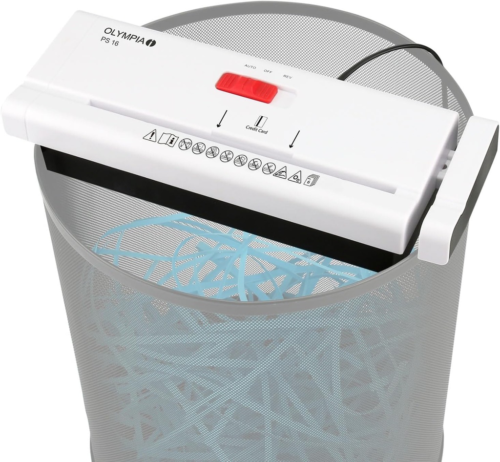 Tocator de hârtie Olympia PS 16 montat în partea de sus | Strip-Cut | Nivel de securitate P2 | Până la 6 coli o dată | 28-34 cm Compatibil Coș de gunoi | Protecție la supraîncălzire | 220 mm Lățimea de intrare | Alb