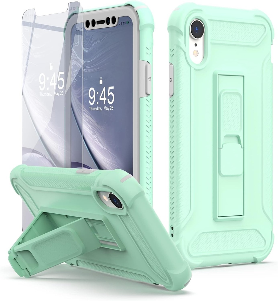 ORETECH [Husa 5-in-1 pentru iPhone XR, cu [2 pachete de protectie de ecran, suport, husa fata si spate], husa pentru telefon iPhone XR, [protectie militara] husa de protectie anti-soc Husa de protectie pentru intregul corp iPhone XR 6,1" verde