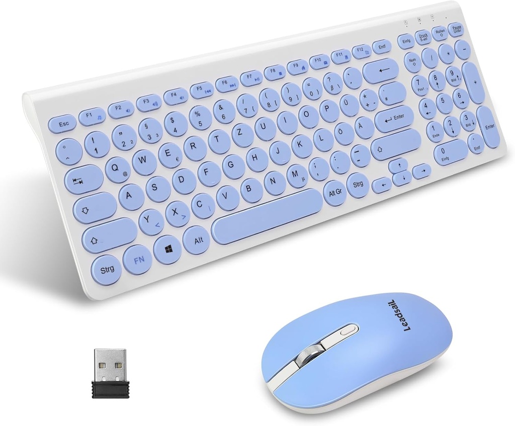 Set tastatură și mouse fără fir LeadsaiL, mouse și tastatură ergonomice, tastatură și mouse pentru PC fără fir, aspect german QWERTZ, taste silențioase pentru tastatură și mouse, MacOS PC, laptop, albastru