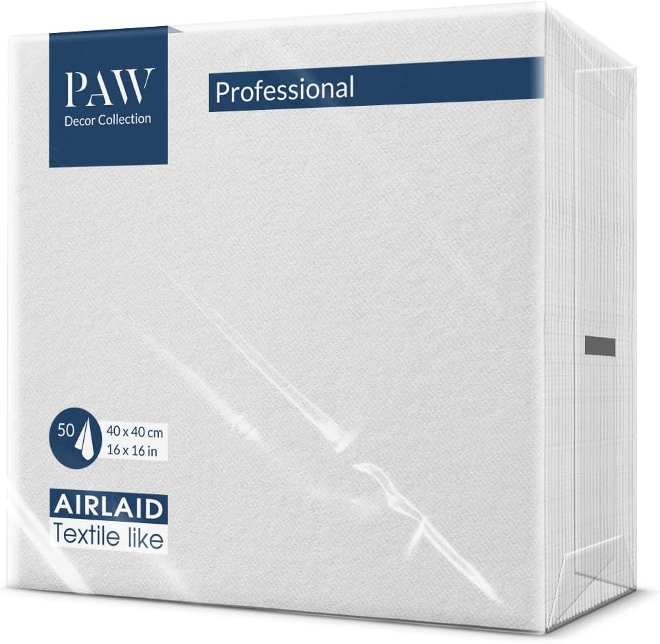 PAW - Servetele Airlaid (40 x 40 cm) I 50 bucati I Unii I Tesaturi I Decoratiuni elegante de masa I HoReCa I Pentru ocazii importante precum nunti, sarbatori, Craciun I Culoare uni: alb