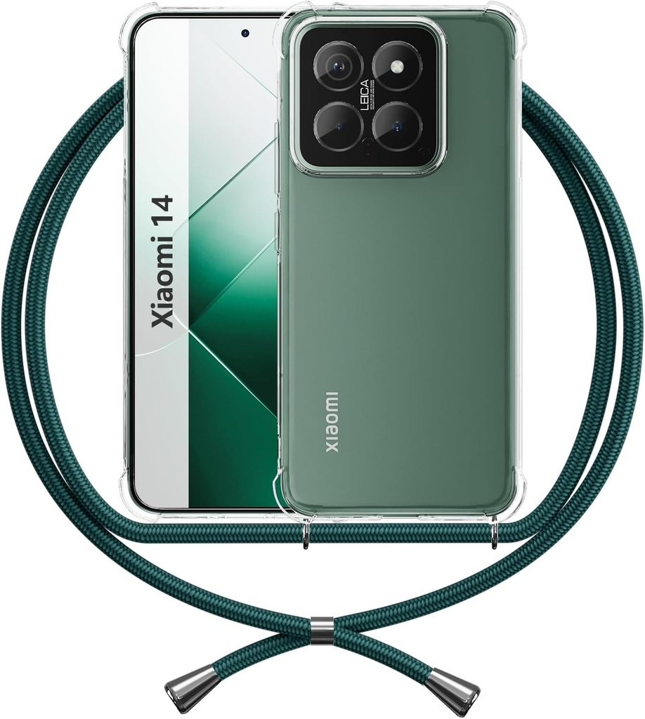 ANFAIRLACE Husa cu lant pentru telefon mobil compatibila cu Xiaomi 14, husa pentru telefon mobil cu curea, husa de protectie transparenta din silicon TPU anti-galben Husa transparenta, verde
