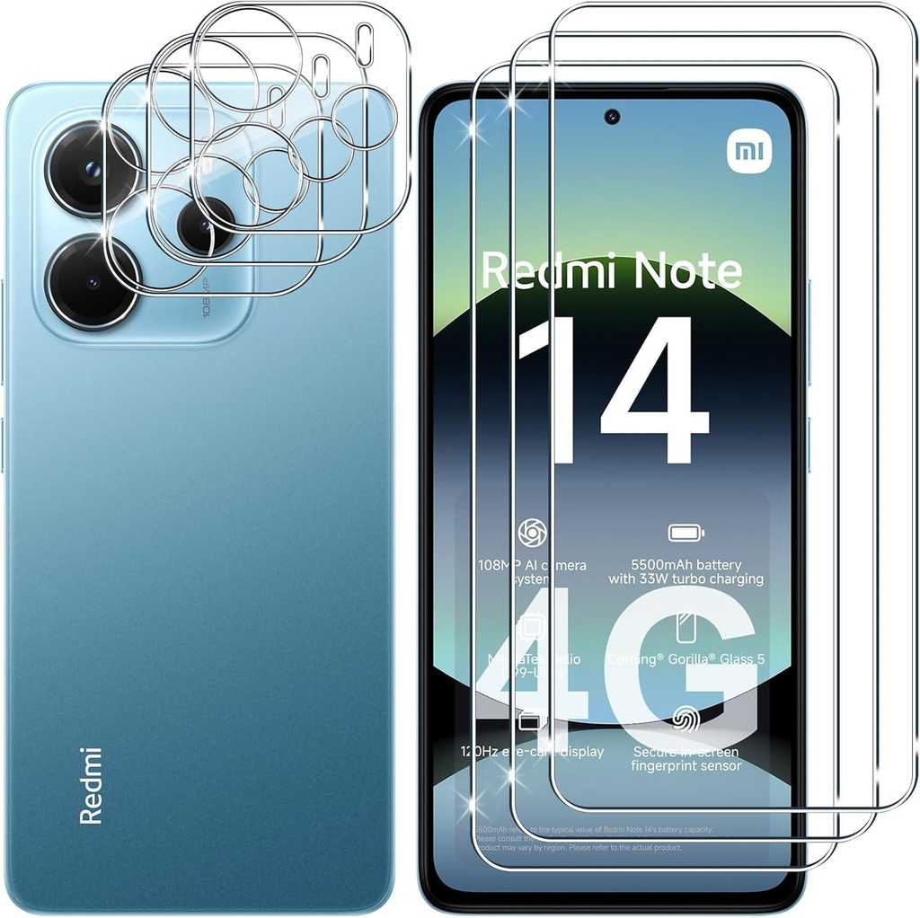Lutree pentru Xiaomi Redmi Note 14 4G Sticla securizata, 3+3 bucati de protectie pentru ecran + Film de protectie pentru camera spate, duritate 9H HD Protectie de ecran din sticla calita, fara bule, anti-zgarieturi