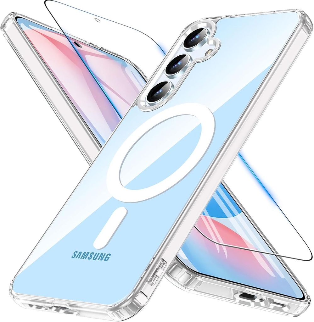 Husă Kuaguozhe pentru Samsung Galaxy S24 FE 5G cu MagSafe, husă magnetică pentru Samsung S24 FE cu sticlă securizată, husă de protecție anti-galbenă anti-șoc pentru Samsung S24 FE 5G (transparentă)
