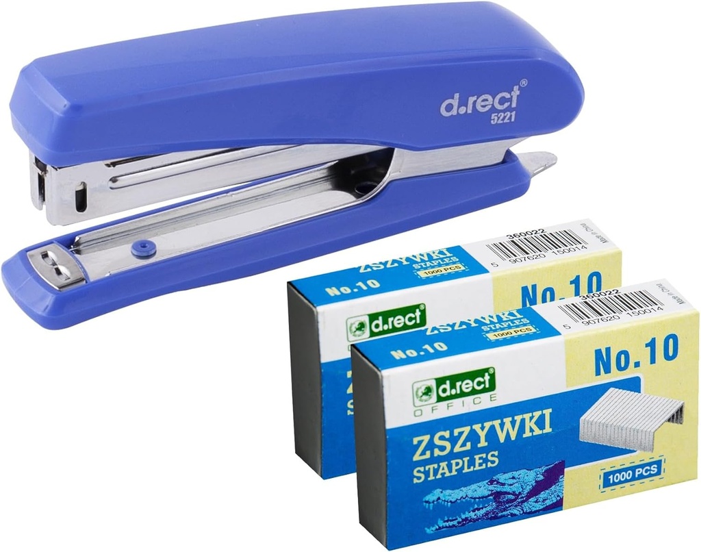 Capsator de birou D.RECT ​​​​5221 cu 2.000 de capse, capacitate de 20 de coli - Capsator de masă, albastru